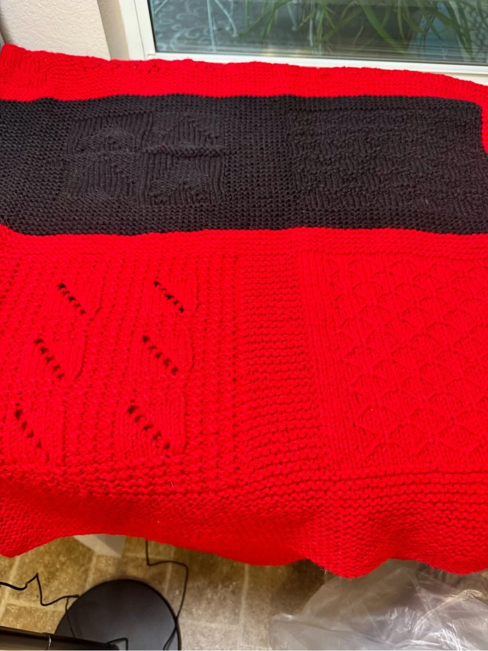 Handmade Red and Black Knit Throw Blanket - Cozy Textured Design